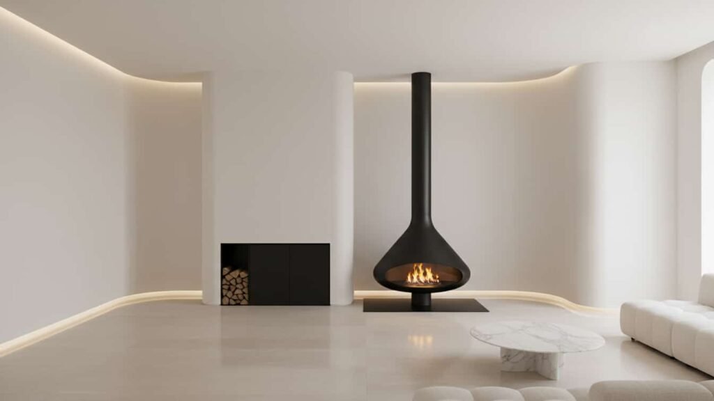 freestanding fireplace and mantel